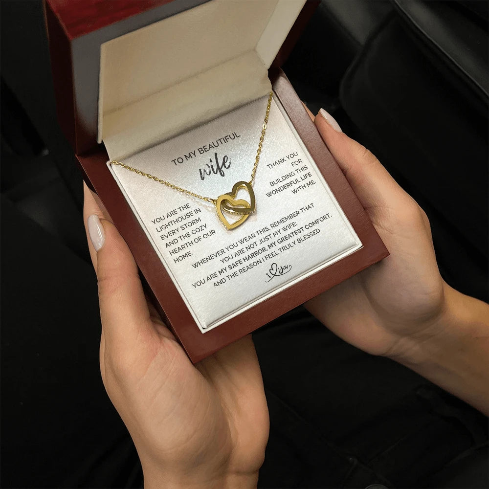 To My Wife 18K Yellow Gold Interlocking Hearts Necklace From Husband The Reason Message Card Jewelry Luxury Box