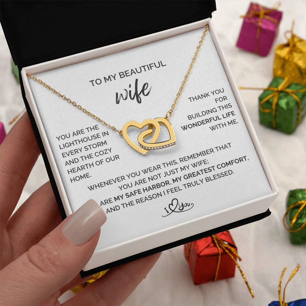 To My Wife 18K Yellow Gold Interlocking Hearts Necklace From Husband The Reason Message Card Jewelry Standard Box