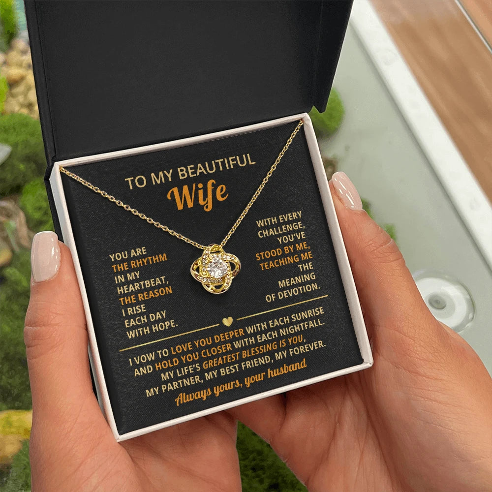 To My Wife 18K Yellow Gold Love Knot Necklace From Husband Greatest Blessing Message Card Jewelry Standard Box