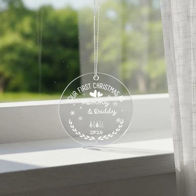 To New Parents Acrylic Circle Ornament 2026 Our First Christmas As Mommy and Daddy Display In Front of The Window Day
