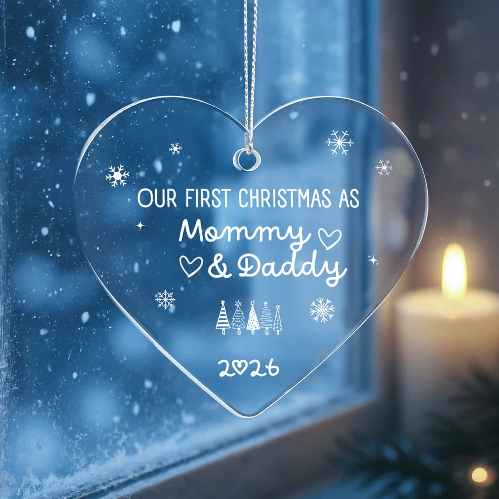 To New Parents Acrylic Heart Ornament 2026 Our First Christmas As Mommy and Daddy