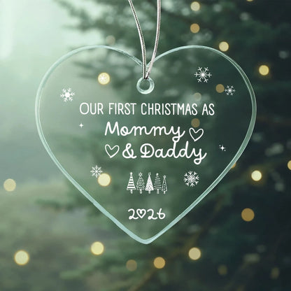 To New Parents Acrylic Heart Ornament 2026 Our First Christmas As Mommy and Daddy Display