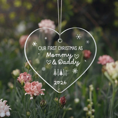 To New Parents Acrylic Heart Ornament 2026 Our First Christmas As Mommy and Daddy Display On The Tree