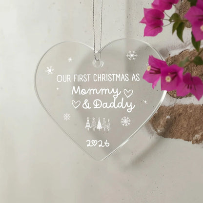 To New Parents Acrylic Heart Ornament 2026 Our First Christmas As Mommy and Daddy Display On The Wall