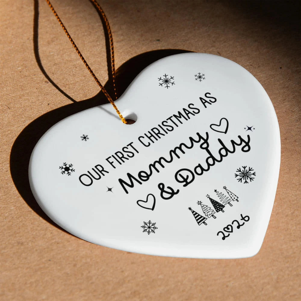 To New Parents Ceramic Heart Ornament 2026 Our First Christmas as Mommy and Daddy Display