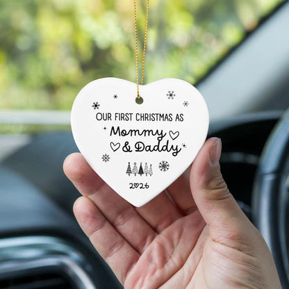 To New Parents Ceramic Heart Ornament 2026 Our First Christmas as Mommy and Daddy Display In The Car