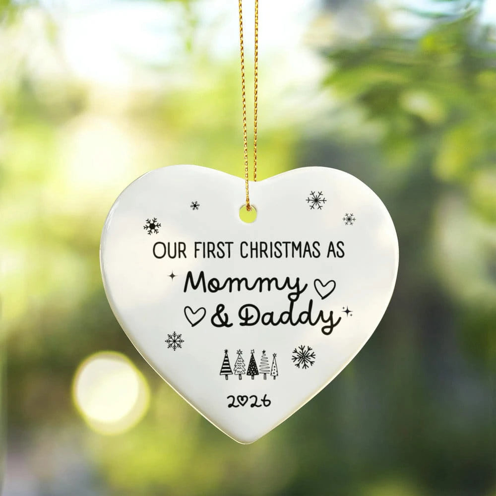 To New Parents Ceramic Heart Ornament 2026 Our First Christmas as Mommy and Daddy Hung On The Tree