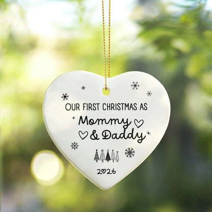 To New Parents Ceramic Heart Ornament 2026 Our First Christmas as Mommy and Daddy Hung On The Tree
