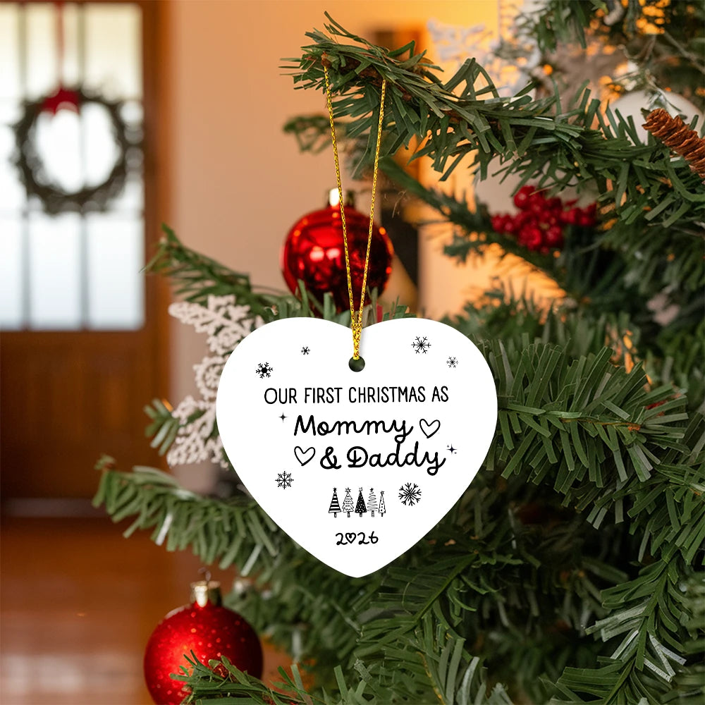 To New Parents High Gloss Heart Ornament Our First Christmas as Mommy and Daddy Hung On The Tree