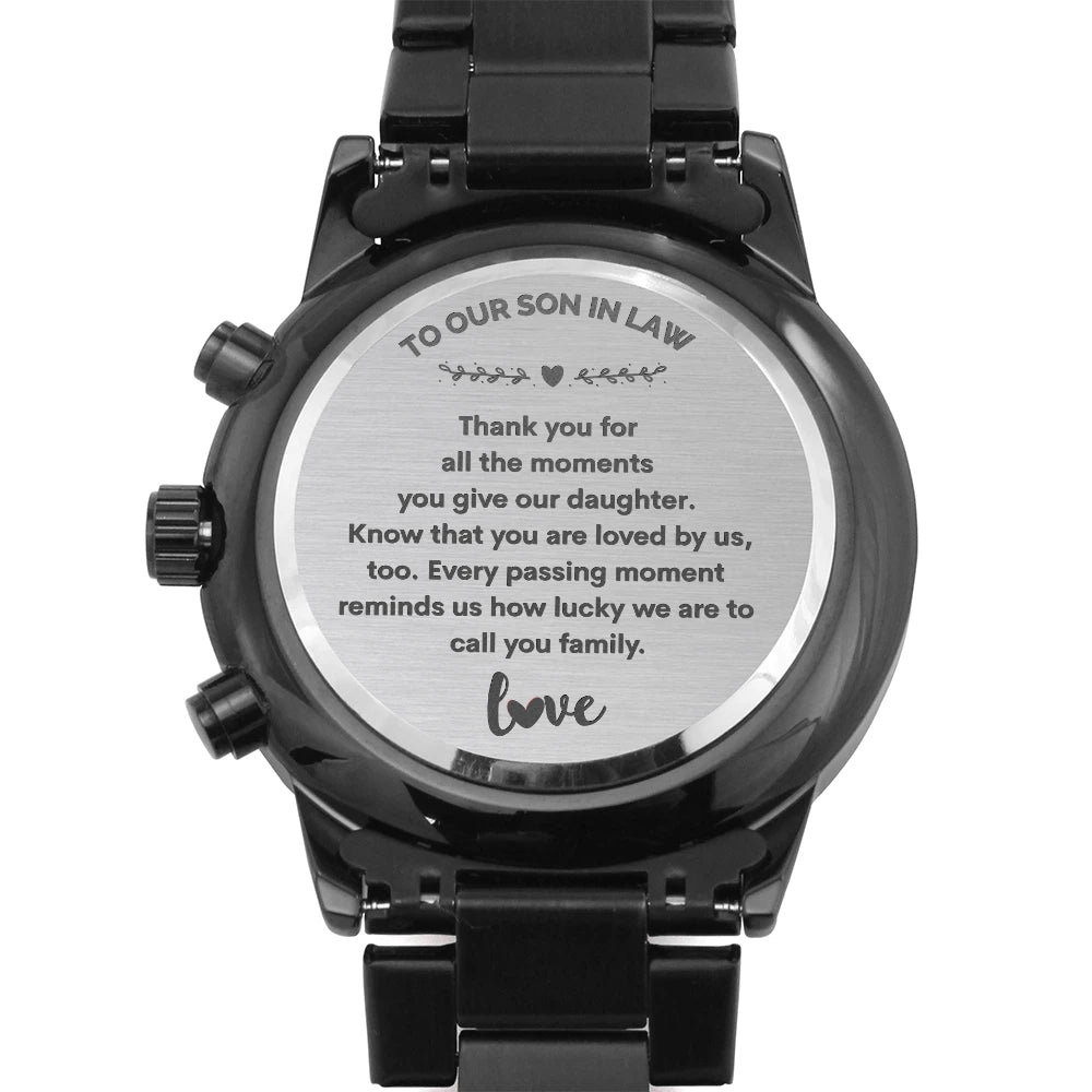 To Our Son-in-law Black Chronograph Watch From Parent-in-law With Engraving Texts