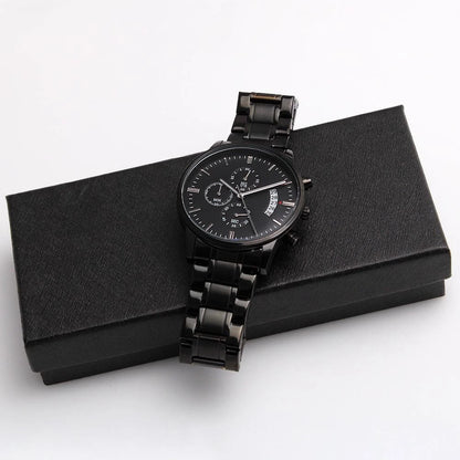 To Our Son-in-law Black Chronograph Watch From Parent-in-law With Engraving Texts Call You Family Two Tone Box