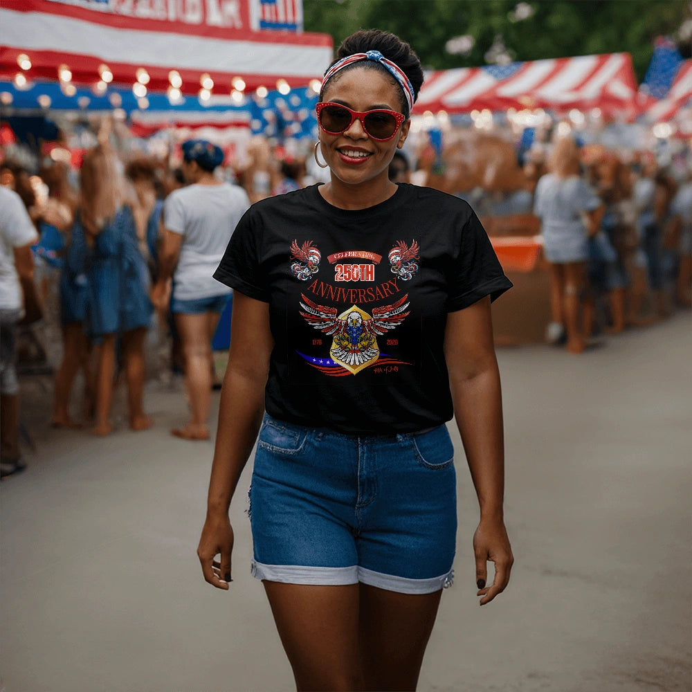 USA 250 Years Anniversary Black T-Shirt 1776 2026 America Anniversary Showcase Female Model