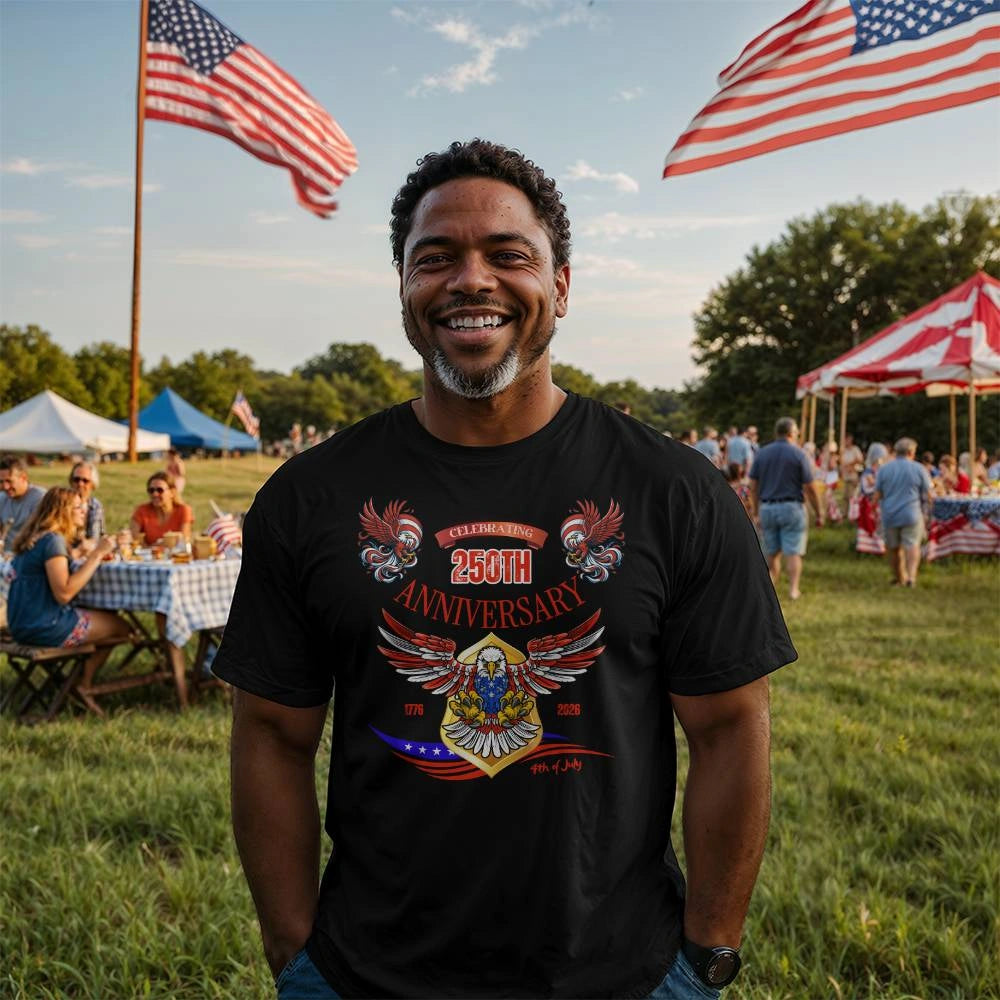 USA 250 Years Anniversary Black T-Shirt 1776 2026 America Anniversary Showcase Man Model