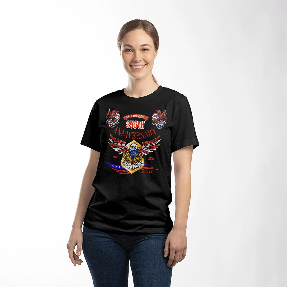 USA 250 Years Anniversary Black T-Shirt 1776 2026 America Anniversary Showcase Woman Model