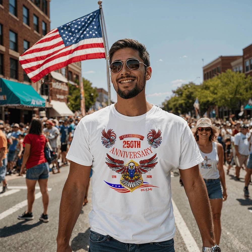 USA 250 Years Anniversary White T-Shirt 1776 2026 America Anniversary Show Man Model