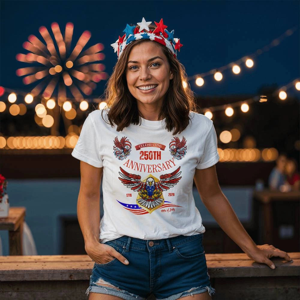 USA 250 Years Anniversary White T-Shirt 1776 2026 America Anniversary Show Woman Model