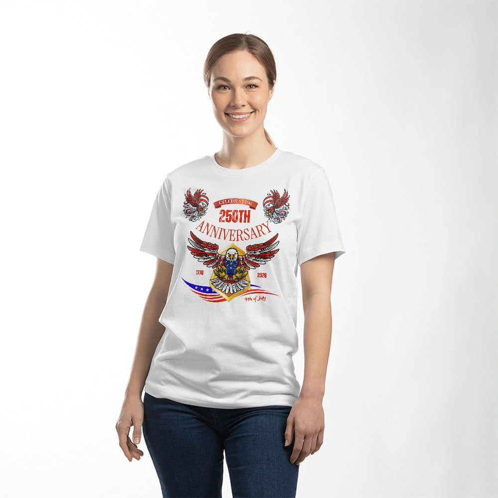 USA 250 Years Anniversary White T-Shirt 1776 2026 America Anniversary Showcase Woman Model