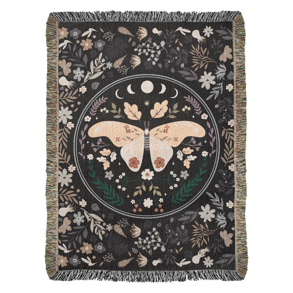 Vintage Butterfly and Flower Blanket 37x52 Portrait Cotton Woven Throw Blanket with Fringe