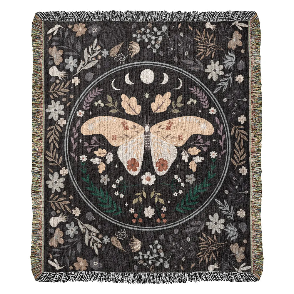 Vintage Butterfly and Flower Blanket 50x60 Portrait Cotton Woven Throw Blanket with Fringe