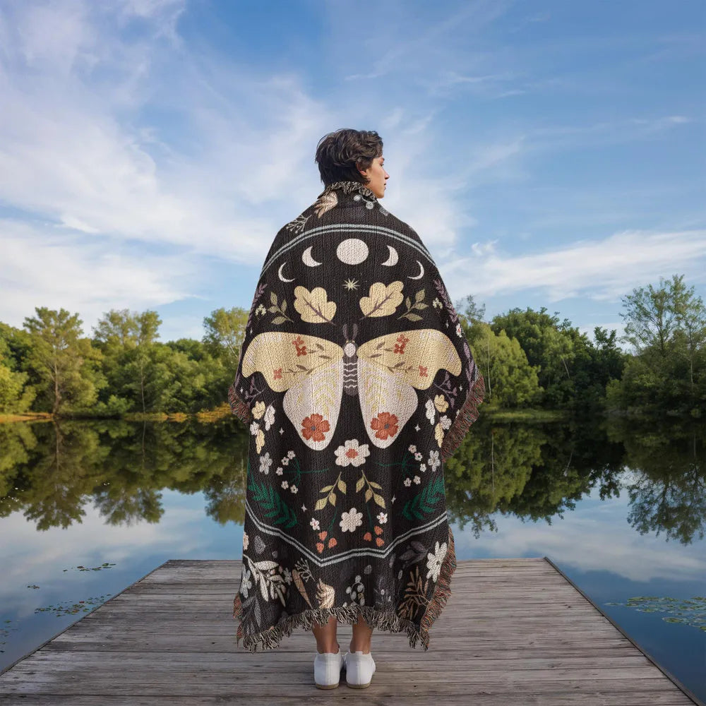 Vintage Butterfly and Flower Blanket 50x60 Portrait Cotton Woven Throw Blanket with Fringe Display on the Back