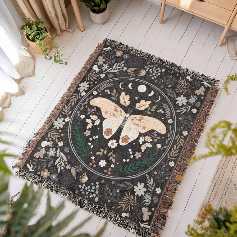 Vintage Butterfly and Flower Blanket 50x60 Portrait Cotton Woven Throw Blanket with Fringe Display on the Ground
