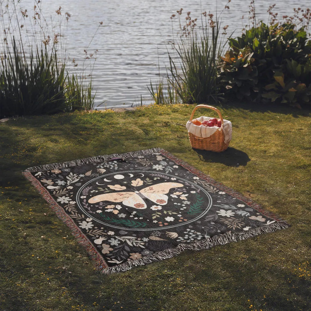 Vintage Butterfly and Flower Blanket 50x60 Portrait Cotton Woven Throw Blanket with Fringe Display on the lawn