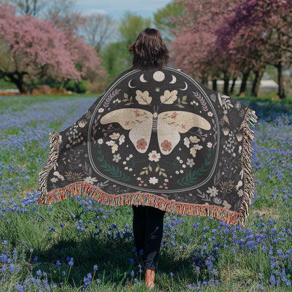 Vintage Butterfly and Flower Blanket 52x37 Landscape Cotton Woven Throw Blanket Display on the Shoulder
