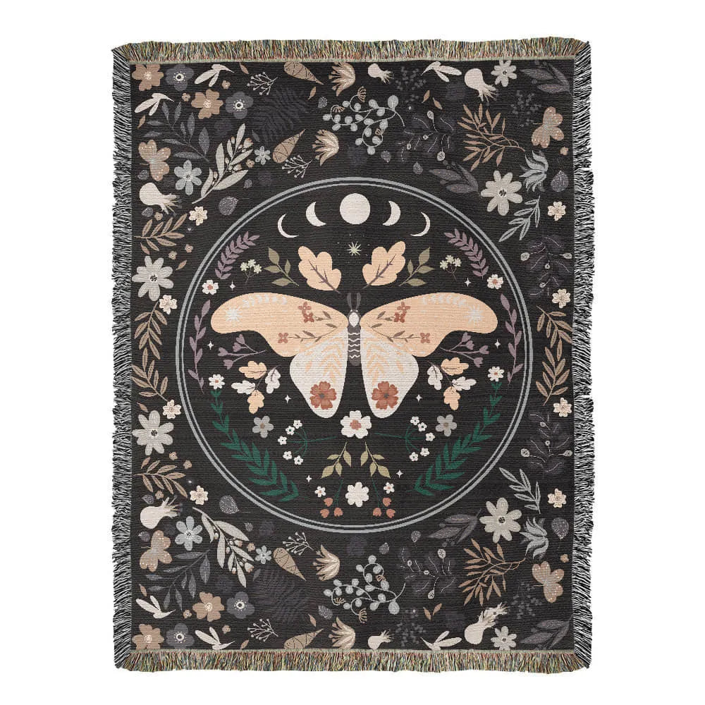 Vintage Butterfly and Flower Blanket 60x80 Portrait Cotton Woven Throw Blanket with Fringe