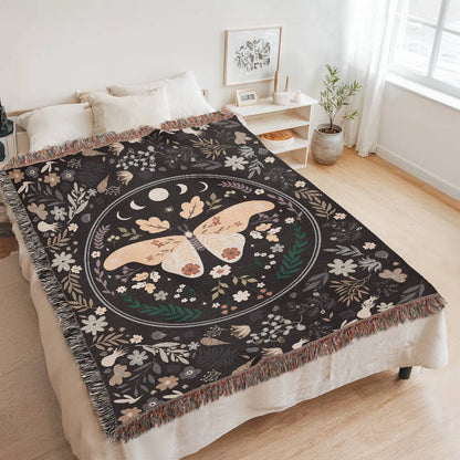Vintage Butterfly and Flower Blanket 60x80 Portrait Cotton Woven Throw Blanket with Fringe Display on the Bed