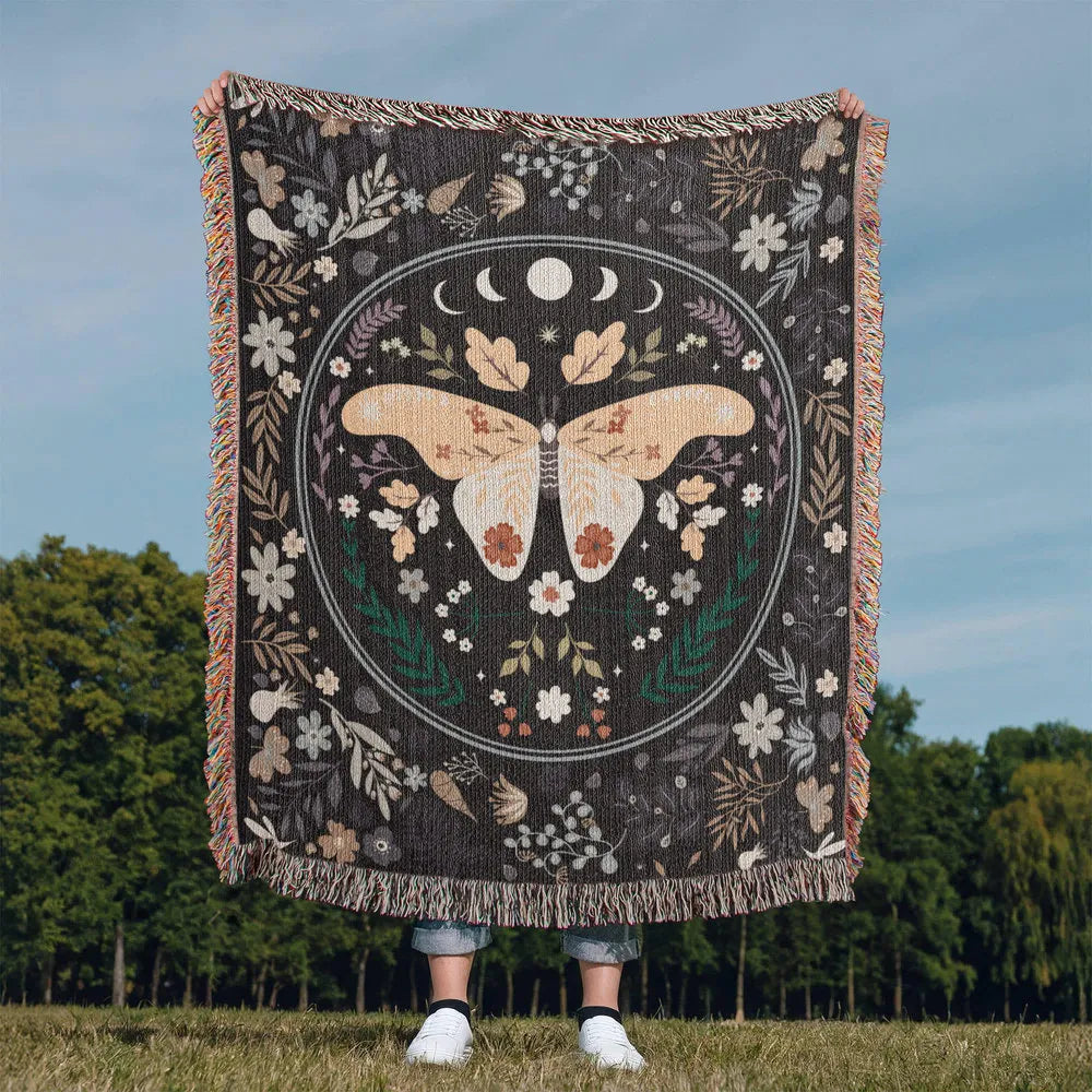 Vintage Butterfly and Flower Blanket Portrait Cotton Woven Throw Blanket with Fringe Display