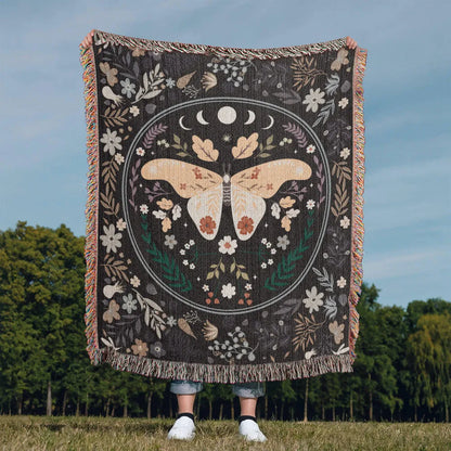 Vintage Butterfly and Flower Blanket Portrait Cotton Woven Throw Blanket with Fringe Display