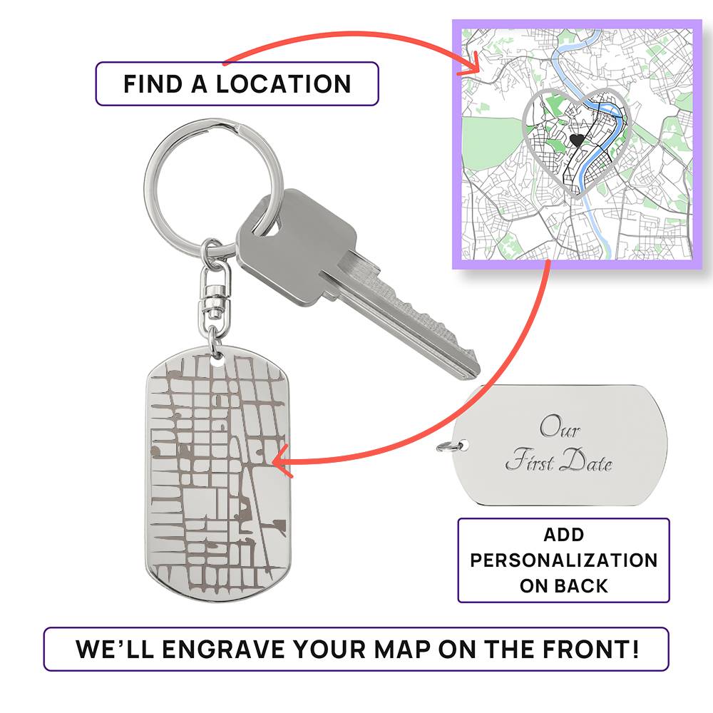 Custom Engraved  Map Dog Tag Keychain