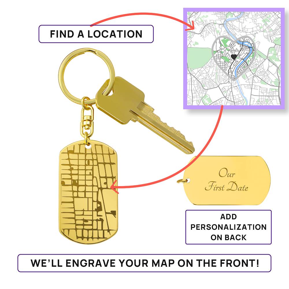 Custom Engraved  Map Dog Tag Keychain