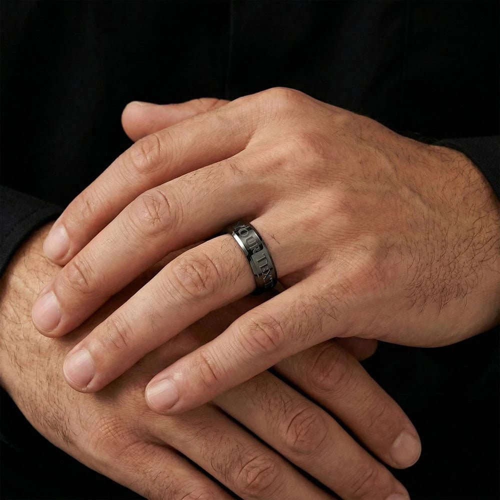polished stainless steel custom engraved men's ring showcase