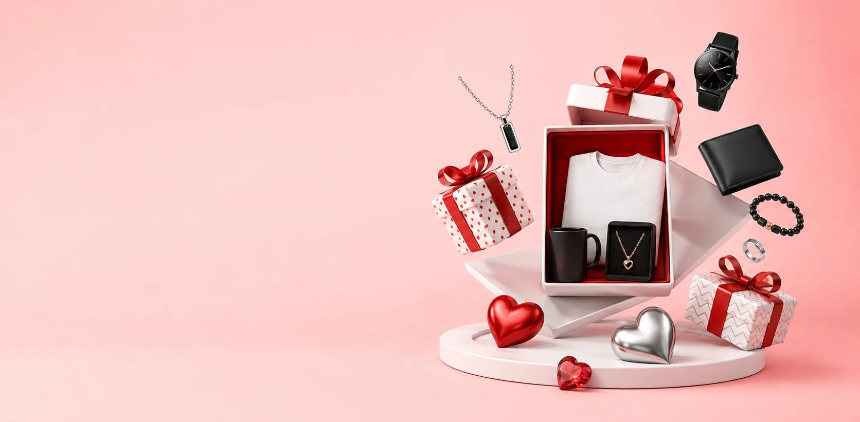 Collection of gifts and jewelry on a pink background