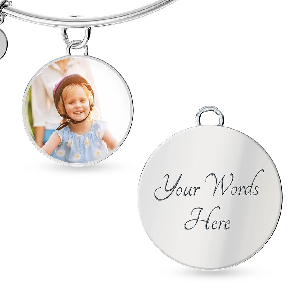 high quality surgical steel with an 14k white gold finish personalized engraved photo circle bangle bracelet