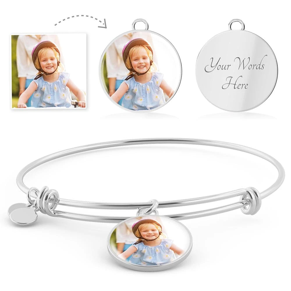 high quality surgical steel with an 14k white gold finish personalized engraved photo circle bangle bracelet display