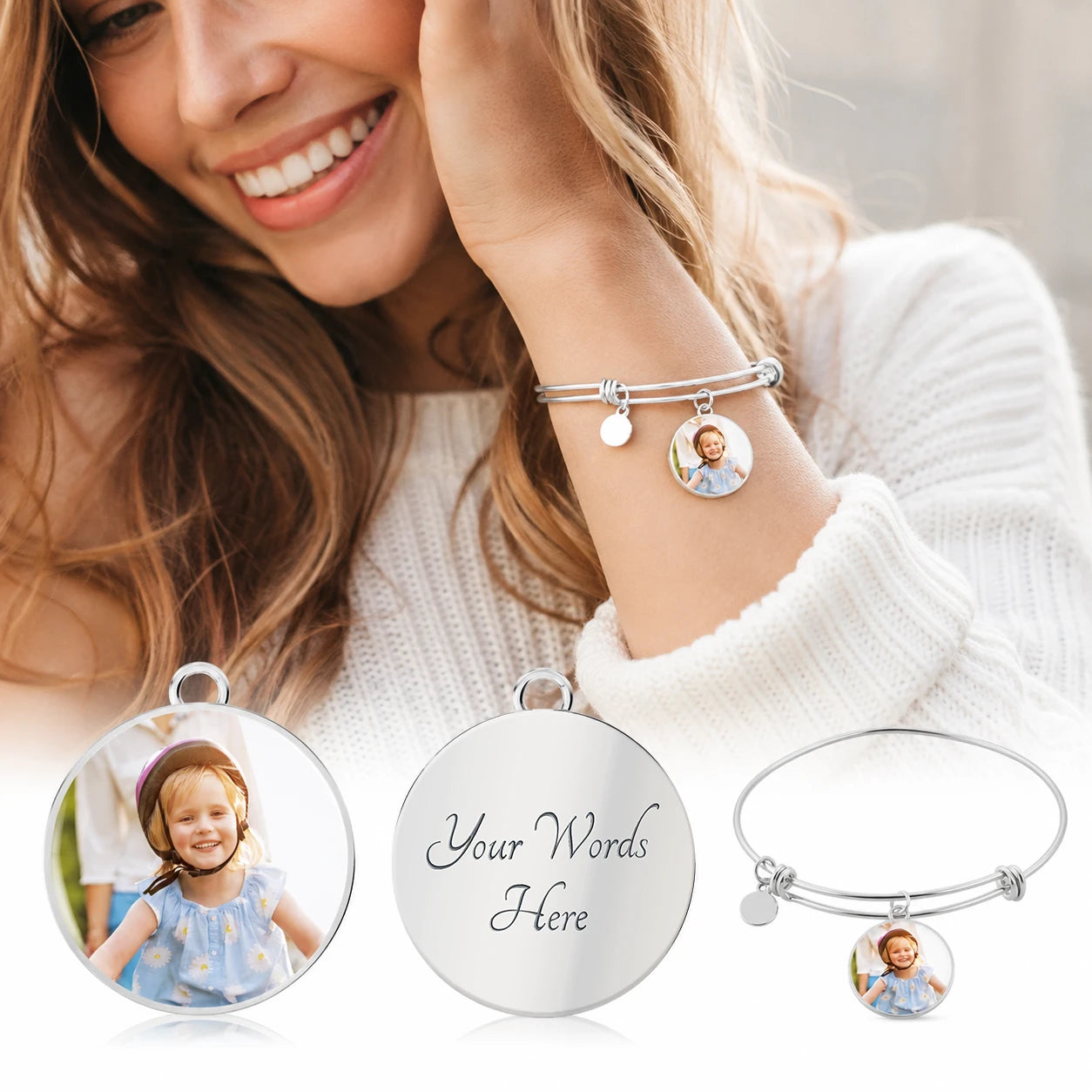 high quality surgical steel with an 14k white gold finish personalized engraved photo circle bangle bracelet showcase