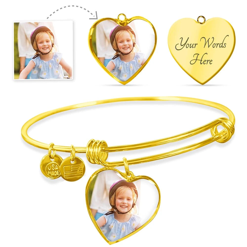 high quality surgical steel with an 18k gold finish personalized photo heart bracelet