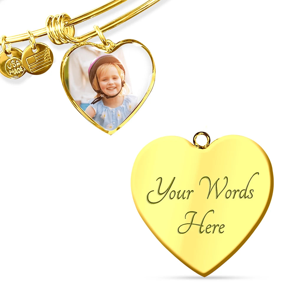 high quality surgical steel with an 18k gold finish personalized photo heart bracelet front and back