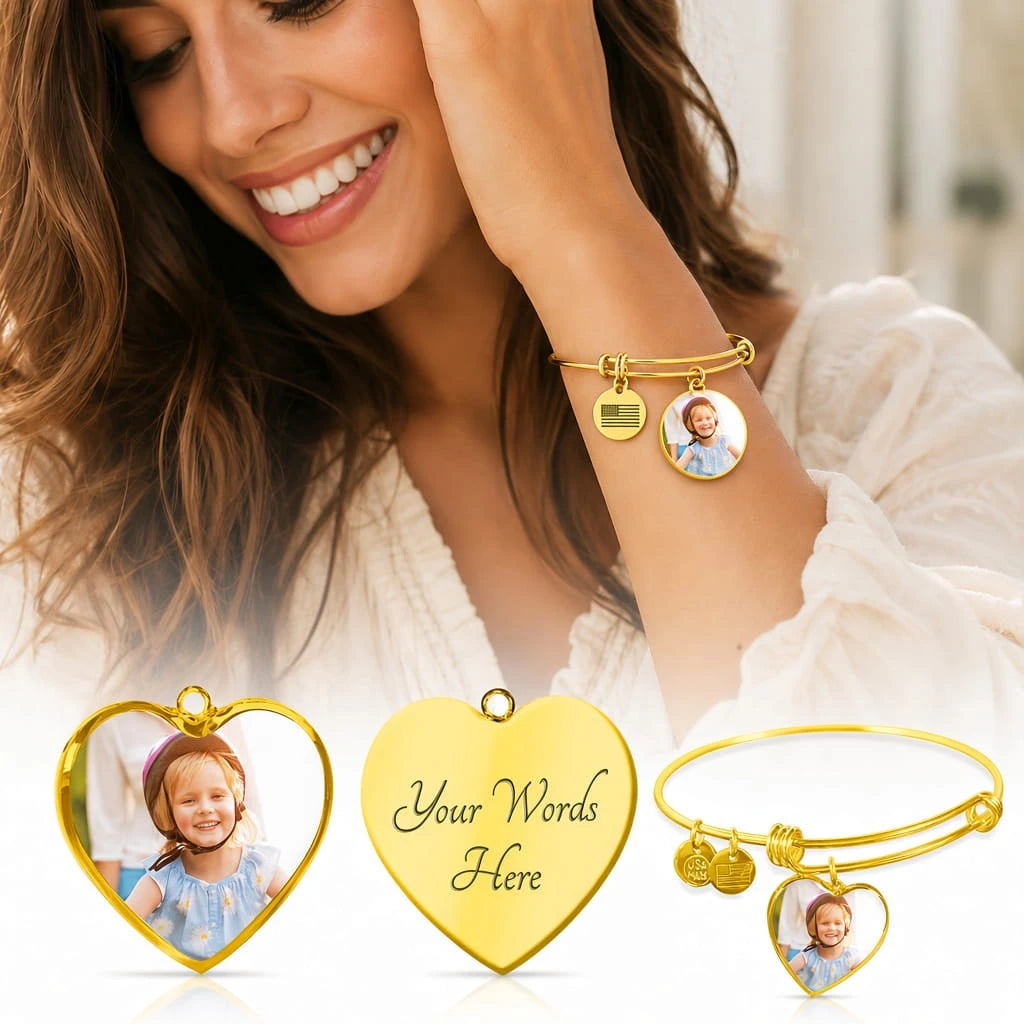 high quality surgical steel with an 18k gold finish personalized photo heart bracelet showcase