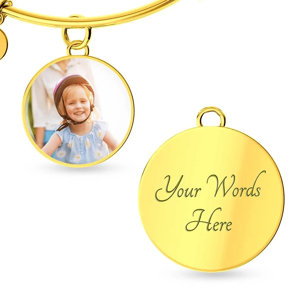 high quality surgical steel with an 18k yellow gold finish personalized engraved photo circle bangle bracelet