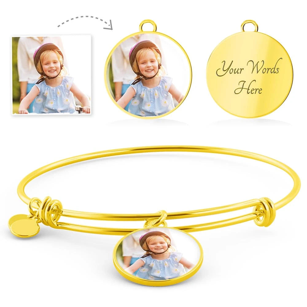high quality surgical steel with an 18k yellow gold finish personalized engraved photo circle bangle bracelet display