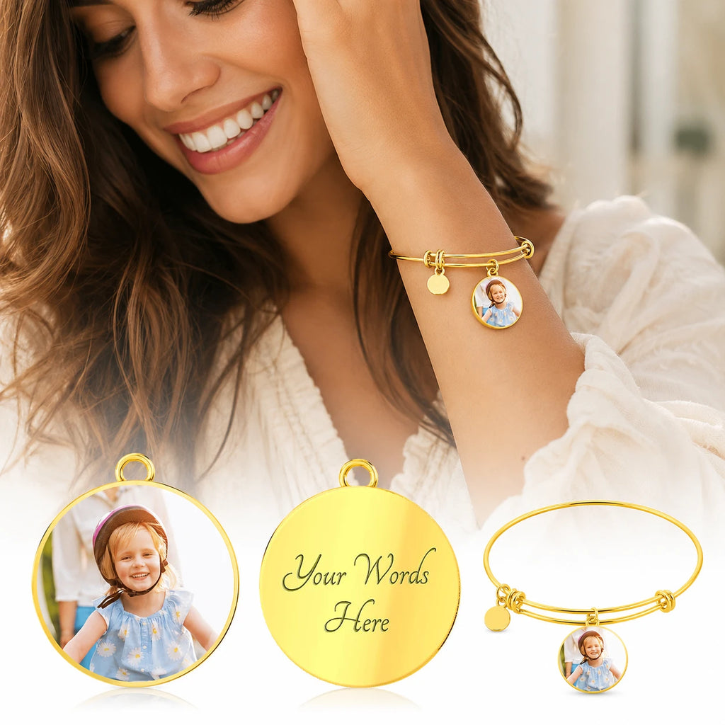 high quality surgical steel with an 18k yellow gold finish personalized engraved photo circle bangle bracelet showcase