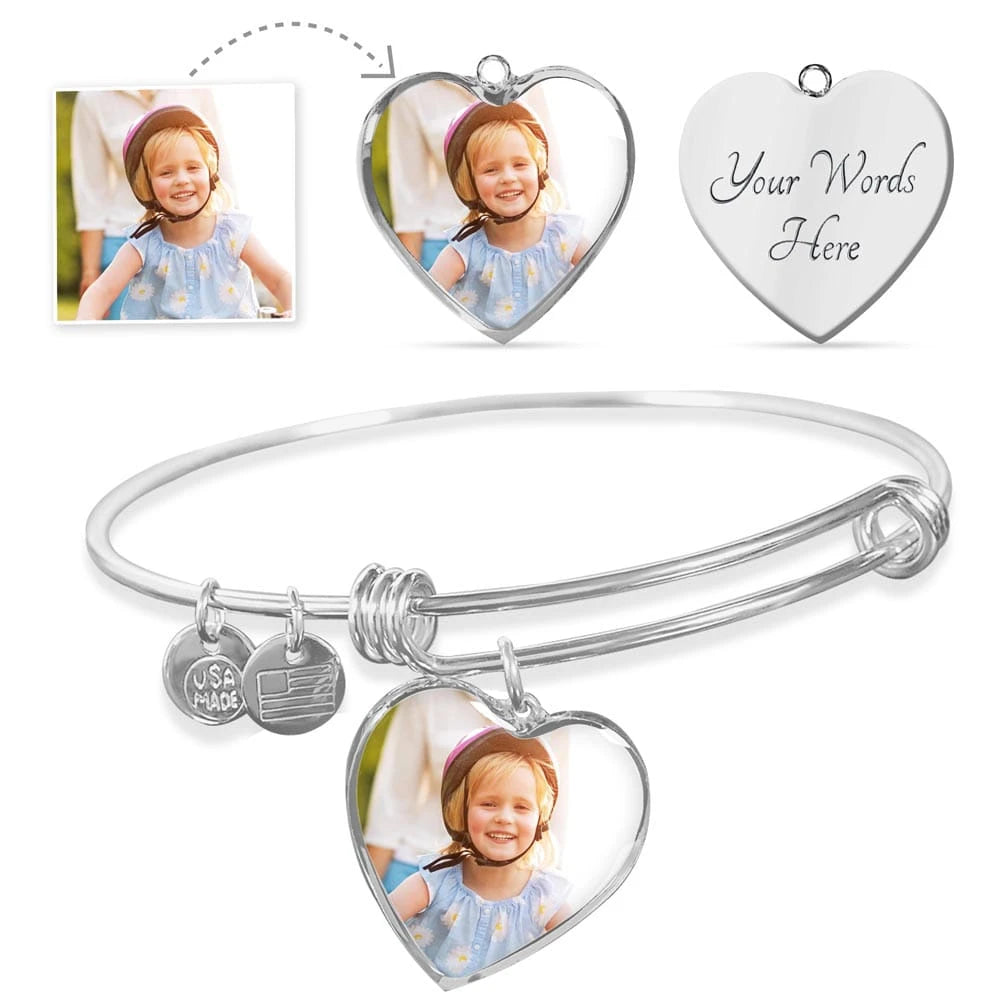 high quality surgical steel with an silver finish personalized photo heart bracelet