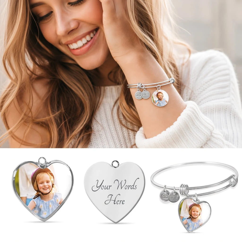 high quality surgical steel with an silver finish personalized photo heart bracelet showcase