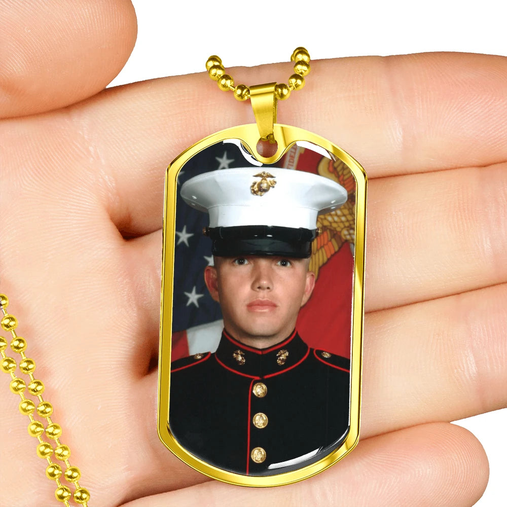 military chain gold custom engraved photo dog tag necklace showcase in hand