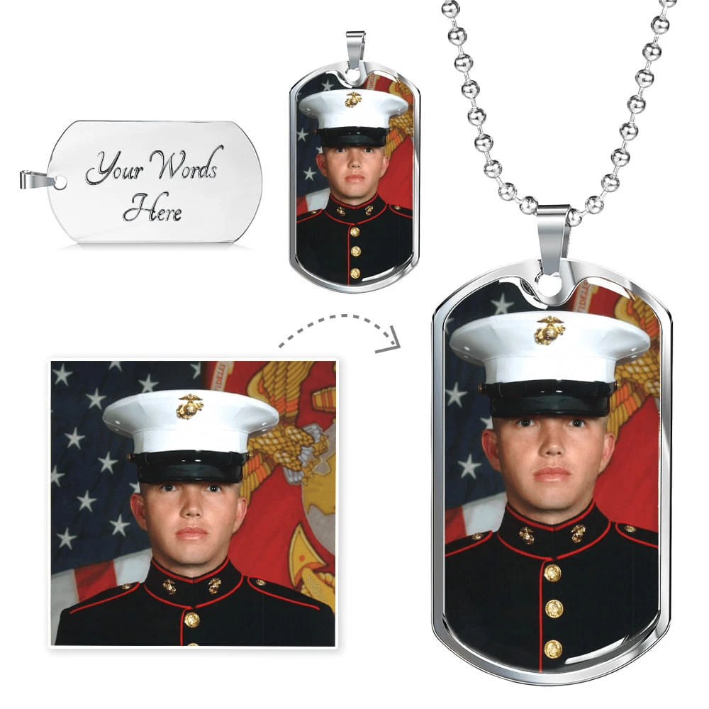military chain silver custom engraved photo dog tag necklace