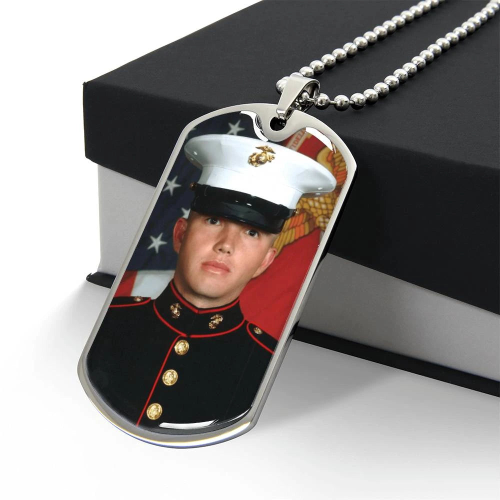 military chain silver custom engraved photo dog tag necklace showcase