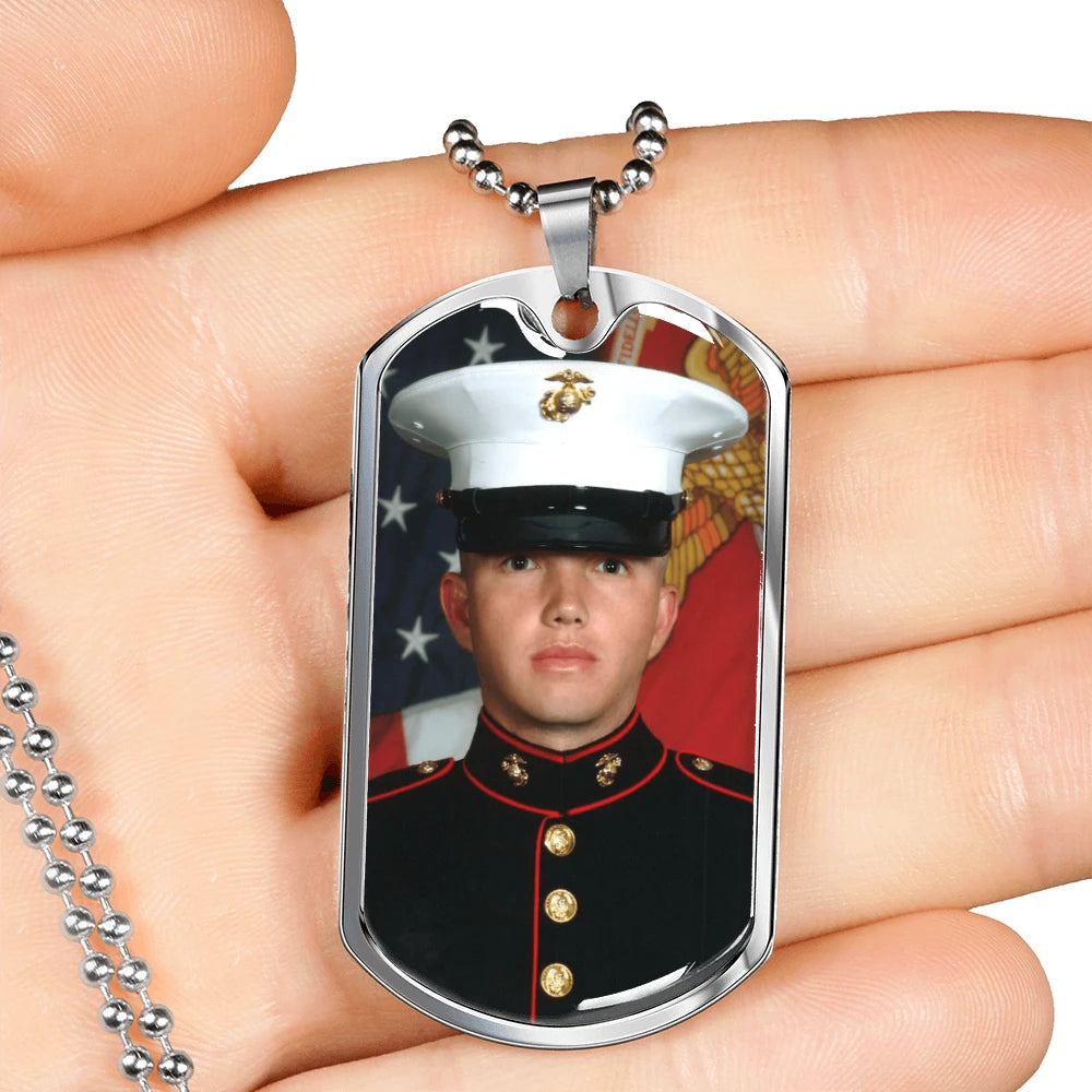 military chain silver custom engraved photo dog tag necklace showcase in hand